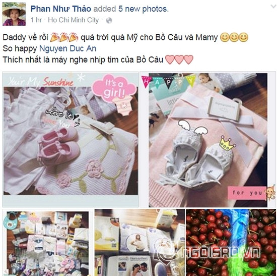 Trên trang cá nhân của mình, Phan Như Thảo vừa chia sẻ hình ảnh quà của ông xã Đức An mua về cho cô và em bé trong bụng. Qua loạt ảnh có thể thấy Phan Như Thảo đang khéo léo khoe mình mang bầu bé gái vì đồ ông xã cô mua gồm giầy hồng buộc nơ, đồ len thêu hoa, giầy viền trắng, máy đo nhịp tim thai nhi.. Người đẹp cũng hé lộ tên con gái là Bồ Câu khi chia sẻ: "Daddy về rồi, quá trời quà Mỹ cho Bồ Câu và Mamy. So happy. Thích nhất là máy nghe nhịp tim của Bồ Câu."