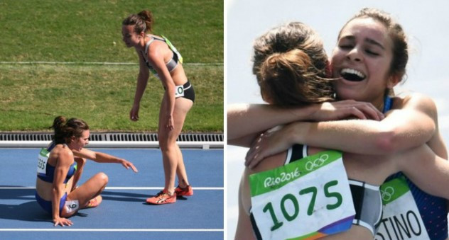 12. Câu chuyện cảm động trên đường đua điền kinh tại Olympic 2016: Nữ VĐV Nikki Hamblin (New Zealand) được người hâm mộ môn điền kinh tán thưởng khi dừng lại giúp đối thủ Abbey D'Agostino (Mỹ) bị trẹo chân ở vòng loại trên đường đua 5.000 m. Hai VĐV này được Ủy ban Olympic quốc tế (IOC) trao tặng huy chương đặc biệt cao quý Pierre de Coubertin. Ảnh: Radionz.