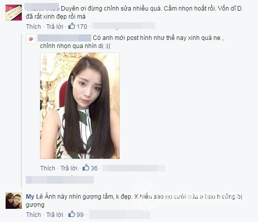 Nhiều fan góp ý khuyên Kỳ Duyên đừng lạm dụng photoshop vì khuôn mặt Hoa hậu vốn dĩ đã rất đẹp rồi. Có người còn đăng ảnh tương tự của Hoa hậu Kỳ Duyên để chứng minh rằng, cô đã nhờ phần mềm chỉnh sửa gương mặt trong bức ảnh tự đăng tải.