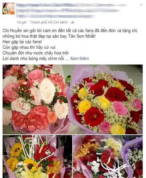 Nữ nghệ sĩ không giấu nổi niềm vui khi viết một bài thơ ngắn cảm ơn những người hâm mộ đã đến đón và tặng cô những bó hoa thật đẹp tại sân bay Tân Sơn Nhất.