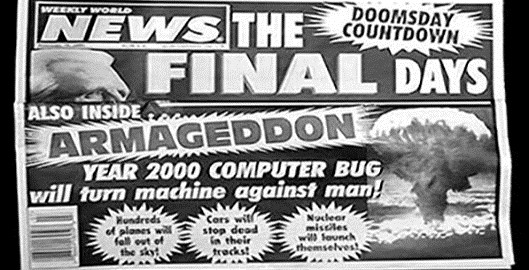 7. Y2K Một trong những lời tiên đoán tận thế mà hẳn nhiều người còn nhớ. Y2K nổi tiếng và dai dẳng vì nhiều người thực sự tin. Theo đó, các máy tính được lập trình nhận diện năm chỉ có hai con số để tiết kiệm bộ nhớ và sẽ không nhận diện được năm 2000 phân biệt ra sao với năm 1900. Điều đó sẽ khiến mọi thiết bị do máy tính điều khiển trên trái đất trở nên vô dụng, lò vi sóng sẽ không hoạt động, các kho hàng lớn sẽ tê liệt và Mỹ sẽ để mất sự kiểm soát với kho vũ khí hạt nhân, và tận thế sẽ tới. Rốt cuộc, khi năm 2000 tới, 150 máy quay xổ số ở bang Delaware, Mỹ bị hỏng, nhưng như thế có lẽ chưa phải là tận thế.