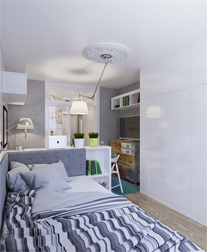 Căn hộ tiếp theo có diện tích chỉ 25m2, dành cho một người ở. Trong căn hộ độc đáo này, chủ nhân đã sử dụng cửa trượt để phân chia các không gian.