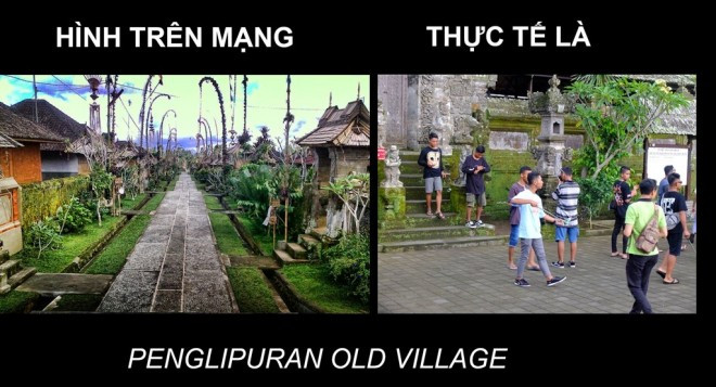 Làng cổ Penglipuran luôn nhộn nhịp du khách ra vào, khác hẳn với hình quảng cáo trên mạng.