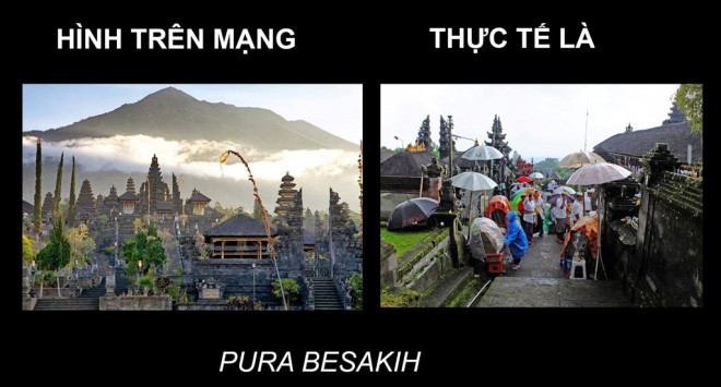 Hình ảnh đền Besakih đẹp nên thơ trong sương mờ bao phủ, nhưng thực tế sẽ là cảnh chật chội và nhớp nháp khó chịu vì mưa.