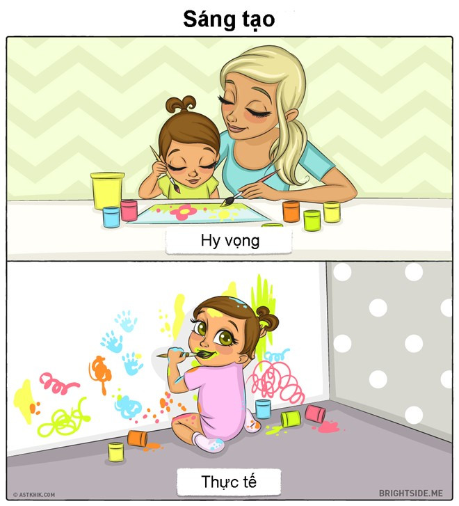 Chẳng bao giờ có chuyện con chịu ngồi yên và ngoan ngoãn nghe lời mẹ như vậy. Bé sẽ muốn được tự do sáng tạo theo cách riêng của mình, không có giới hạn.