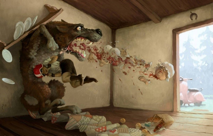 Bức tranh châm biếm một cảnh trong truyện "Cô bé quàng khăn đỏ" phiên bản hiện đại.