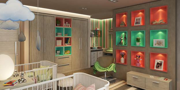 Những bức tường thường là phần thú vị nhất khi trang trí phòng ngủ cho trẻ, bạn có thể biến chúng thành những bức tranh khổ lớn với chủ đề phong phú, màu sắc tươi sáng.