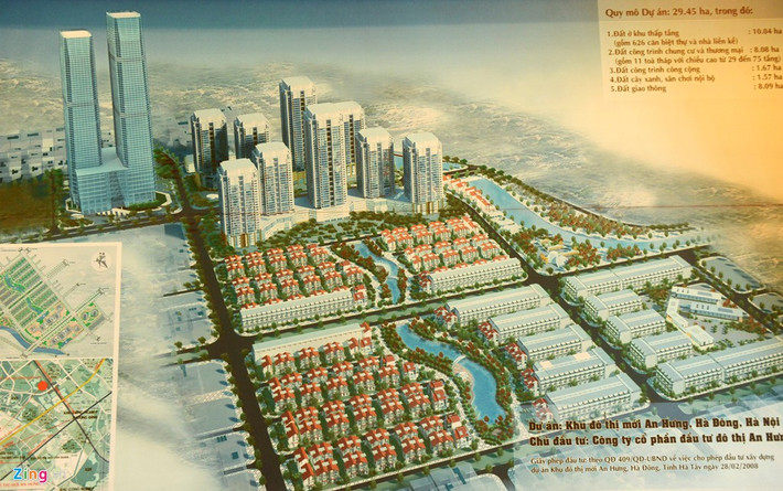 Bản vẽ dự án khu đô thị mới An Hưng, Hà Đông. Toàn bộ diện tích theo địa giới hành chính Hà Nội, rộng hơn 3.340 km2. Tổ chức không gian sẽ theo mô hình chùm đô thị, gồm khu vực đô thị trung tâm, 5 đô thị vệ tinh, các thị trấn được kết nối bằng hệ thống giao thông đường vành đai kết hợp các trục hướng tâm, có mối liên kết với mạng lưới giao thông vùng và quốc gia.