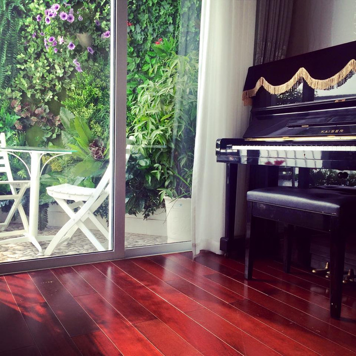 Góc đặt piano cạnh ban công đầy nắng, gió và hoa cỏ - mang lại nguồn cảm hứng khi chơi đàn.