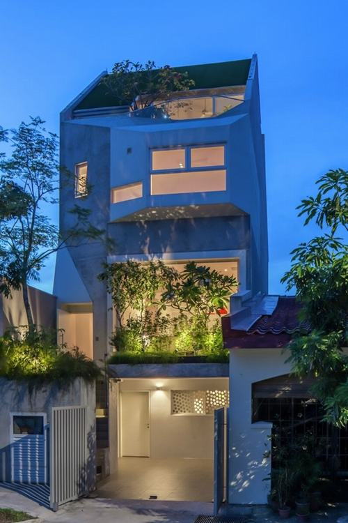 Những cây xanh phía trước là một không gian sinh động, trồng trên đỉnh mái hiên nhà, tạo ra một nền xanh thú vị cho phòng khách.