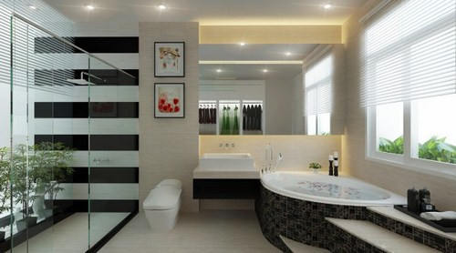 Đi kèm với cặp đôi trắng - đen chủ đạo đan xen là cách lấy sáng không kém phần tinh tế, mang lại sự sang trọng, hiện đại cho phòng tắm.