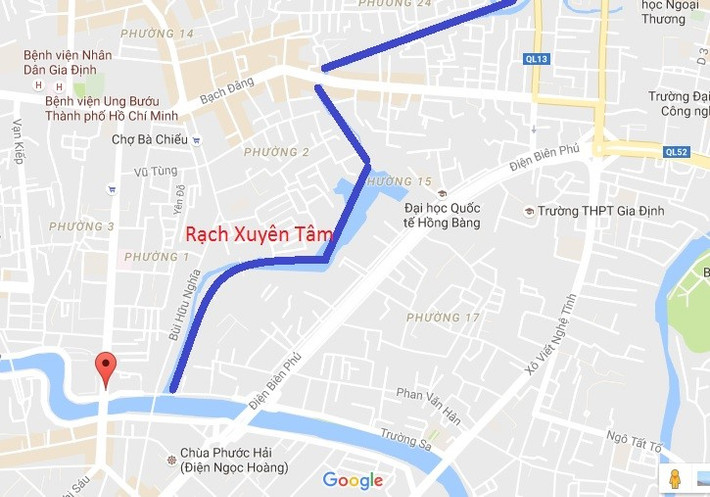 Rạch Xuyên Tâm (nối từ kênh Nhiêu Lộc – Thị Nghè, quận Bình Thạnh đến sông Vàm Thuật, quận Gò Vấp) . Nguồn: Google map