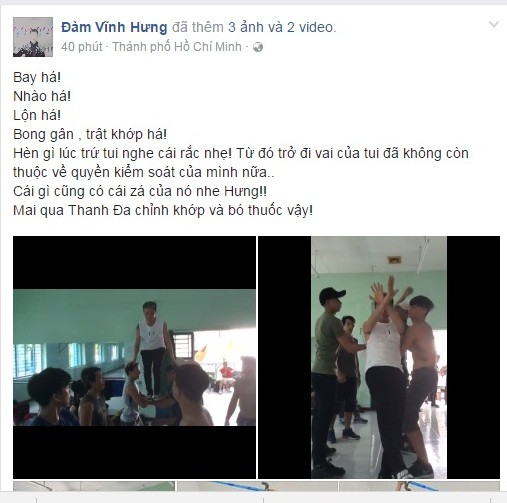 Mới đây, trên trang cá nhân của Đàm Vĩnh Hưng chia sẻ những hình ảnh, video trong quá trình tập luyện cùng đoàn vũ công kèm theo dòng trạng thái: “Bay...Nhào...Lộn. Bong gân, trật khớp. Hèn gì tôi nghe cái rắc nhẹ. Từ đó trở đi vai của tôi không còn thuộc quyền kiểm soát của mình nữa…”.