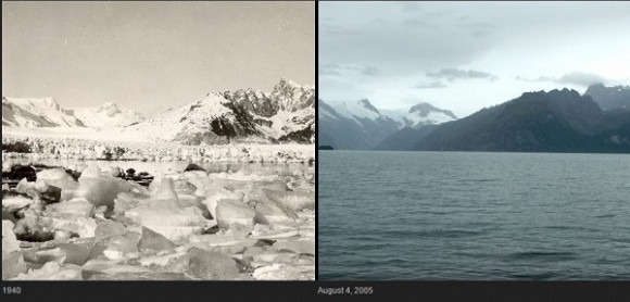 Sông băng vỡ vụn thành nhiều tảng băng nổi ở Greenland Trái: Bức ảnh chụp năm 1940 không rõ tác giả, Phải: Bức ảnh chụp năm 2005 bởi Bruce F. Molnia