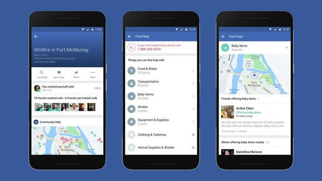Hỗ trợ khắc phục hậu quả do thảm họa: Chức năng Community Help được Facebook giới thiệu vào tháng 11 vừa qua với mục đích hỗ trợ khắc phục hậu quả của thảm họa. Facebook sẽ kết nối cộng đồng lại, giúp họ nhanh chóng thiết lập đường dây cứu trợ, từ đó nâng cao độ hiệu quả. Safety Check cho phép người dùng thông báo tình trạng của bản thân trong cơn thảm hoạ.