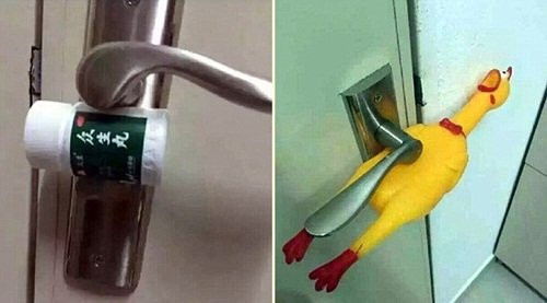 Các bức ảnh về thiết bị chống trộm tự chế cho thấy tất cả mọi vật dụng từ lọ thuốc cho đến đồ chơi phát ra tiếng kêu như gà nhựa đều có thể được sử dụng để ngăn chặn các nắm tay cửa bị trộm mở.