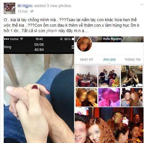 Bị tình địch dọa lại Ngày 27/10/2016, chủ facebook mang tên B.N cũng tung ảnh chồng và nhân tình đang “hú hí” với nhau lên facebook. Sau khi tung hàng chục bức hình tình tứ của chồng và bồ lên, N. kể chồng cô đã qua lại với ả người tình từ lâu. Khi cô phát hiện ra thì ả người tình còn gọi điện dọa đánh, bảo có chồng không biết giữ được để ả giữ hộ.