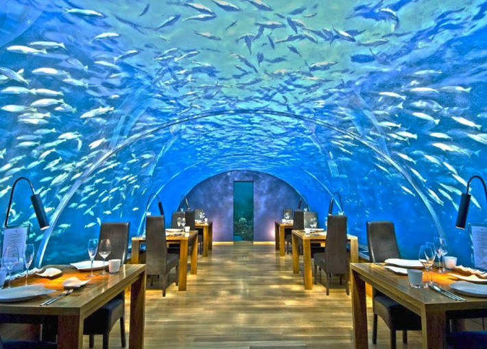 Nhà hàng Ithaa Undersea ở MaldivesNhà hàng dưới nước ở độ sâu 5 mét và được thiết kế để phục vụ tối đa 14 thực khách. Du khách sẽ vừa có thể thưởng thức các món ăn theo phong cách Châu Âu vừa thưởng ngoạn các loại sinh vật biển bởi thiết kế mái vòm độc đáo với góc nhìn 270 độ. Hầu hết khách hàng đến với nhà hàng không phải chỉ đơn giản là đến để dùng bữa.