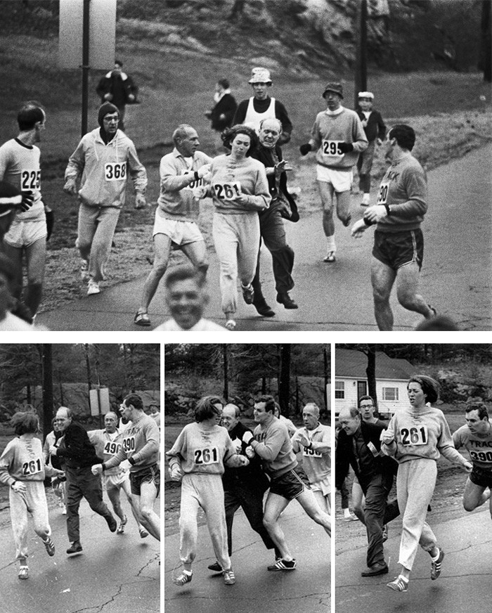 Kathrine Switzer, người phụ nữ đầu tiên tham gia vào cuộc thi chạy marathon Boston năm 1967. Khi người tổ chức cuộc thi Jock Semple (áo đen) nhận ra cô là nữ, ông ta đã cố gắng ngăn cô tham gia.