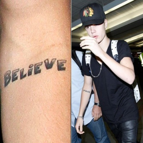 Tháng 6/2012, Justin xăm dòng chữ Believe bên trong cánh tay trái của mình. Đây có vẻ là thông điệp "tin tưởng" dành cho bạn gái Selena Gome.