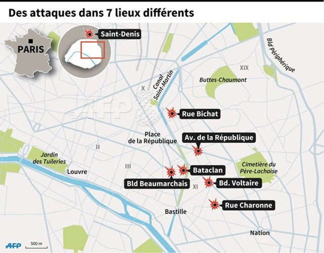 2. Đêm 13/11, thủ đô Paris rung chuyển bởi hàng loạt vụ tấn công bằng súng và bom tự sát tại 7 địa điểm riêng biệt khắp thành phố, bao gồm sân vận động, nhà hàng, rạp hát và một số quán bar.