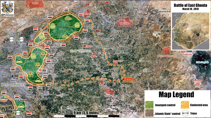 Bản đồ tình tình chiến sự tại Đông Ghouta ngày 19/3. Ảnh: AMN.