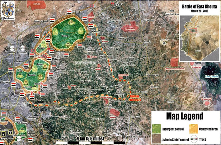 Bản đồ tình hình chiến sự ở Đông Ghouta ngày 20/3/2018. Các binh sĩ Syria và đồng minh đã tiến vào khu vực Ein Tarma, Hazeh và tái chiếm nhiều cứ điểm ở đó. Ảnh: SF.
