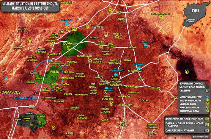 Tình hình chiến sự ở Đông Ghouta ngày 27/3. Ảnh: SF.