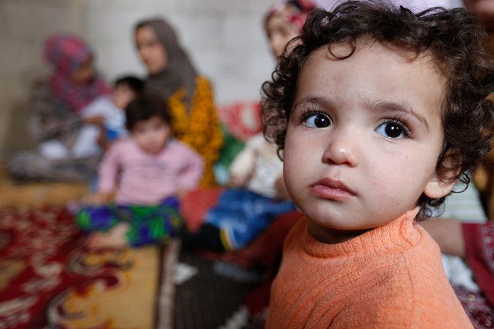 Bé gái 2 tuổi cùng 12 người trong gia đình của bé đang “lánh nạn” tại Al Ghizlanieh, Syria.