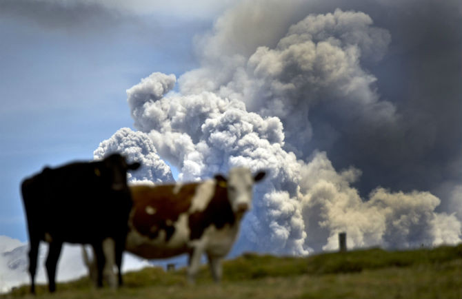 Hình ảnh núi lửa Cotopaxi nhả khói được nhìn từ thành phố Sangolqui, Ecuador ngày 29/8/2015. Núi lửa này bắt đầu hoạt động vào ngày 14/8, sau 138 năm “ngủ quên”.