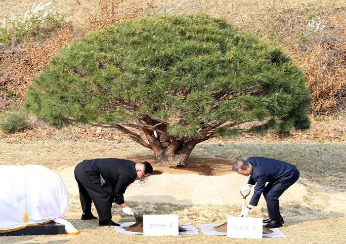Khoảng 14h30 chiều 27/4, lãnh đạo Triều Tiên Kim Jong-un một lần nữa bước qua ranh giới liên Triều, trở lại đất Hàn Quốc để tham gia lễ trồng cây thông – mang ý nghĩa biểu tượng hòa bình cho liên Triều - cùng Tổng thống Hàn Quốc Moon Jae-in. Ảnh: Reuters.