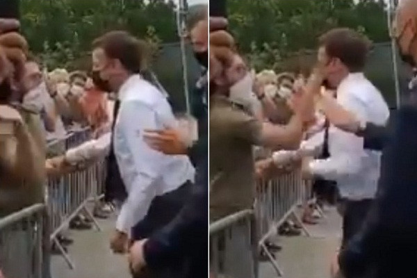 Theo Daily Mail, vụ việc Tổng thống Pháp Emmanuel Macron bị tấn công khi đang gặp gỡ công chúng xảy ra tại ngôi làng Tain-l'Hermitage, vùng Drome, hôm 8/6. Ảnh: Twitter.