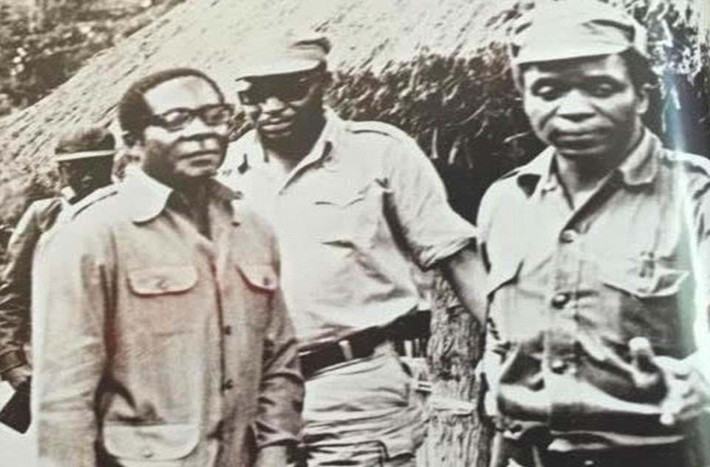 Bức ảnh chụp ông Mugabe đứng cạnh ông Mnangagwe (Phó Tổng thống Zimbabwe bị sa thải ngày 6/11/2017) và Josiah Tongogara, một chỉ huy du kích nhiều năm về trước. Ảnh: Daily Mail.