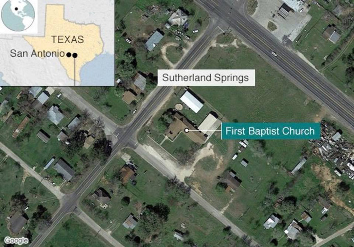 Vị trí nhà thờ ở khu vực Sutherland Springs, cách thành phố Houston, bang Texas của Mỹ khoảng 300 km về phía Tây. Ảnh: Google.