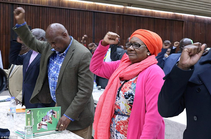 Các đại biểu giơ tay tán thành việc đưa ông Emmerson Mnangagna, người có biệt danh "Cá sấu" Zimbabwe, lên làm lãnh đạo mới của ZANU-PF thay thế ông Mugabe. Ảnh: Reuters.