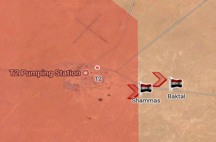 Sau cuộc giao tranh với nhóm khủng bố, binh sĩ Syria và lực lượng đồng minh đã giải phóng 7km tuyến đường từ Deir Ezzor- Albu Kamal và tiến vào hai thị trấn Shammas và Baktal. Ảnh: AMN.
