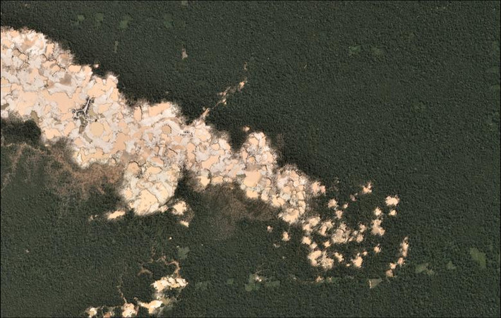 Bức ảnh chụp khu rừng ở phía nam vùng Amazon của Madre de Dios, Peru. Tuy nhiên, nó đã bị tàn phá để khai thác vàng.