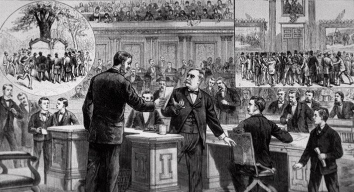 Hạ viện Mỹ thông qua việc luận tội Tổng thống Johnson vào ngày 22/2/1868. Phiên tòa xét xử tại Hạ viện bắt đầu vào ngày 13/3/1868. 3 ngày sau đó, Thượng viện đã triệu tập một phiên tòa luận tội chính thức. Ảnh: Politico.
