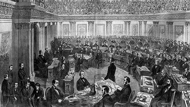 Dù các nội dung luận tội đối với Tổng thống Andrew Johnson được 2/3 nghị sĩ Hạ viện Mỹ bỏ phiếu tán thành, nhưng việc phế truất ông bị chặn lại ở Thượng viện do không đạt đủ 2/3 số phiếu cần thiết trong phiên xét xử vào tháng 5/1868. Ảnh: PBS.