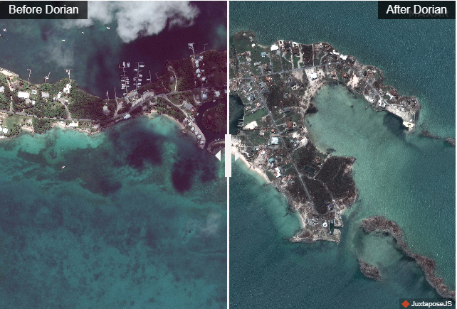 Có thể thấy, quần đảo Bahamas đã bị tàn phá nặng nề với nhiều ngôi nhà bị "xóa sổ", đổ nát chất thành đống và cây cối bị quật đổ. Ảnh: Insider.