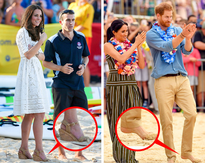 Trong chuyến thăm Australia tháng 10/2018, vợ chồng Hoàng tử Harry đã đến thăm bãi biển nổi tiếng Bondi. Tại đây, họ cởi bỏ giày dép và đi chân trần trên cát. Tuy nhiên, hành động này cũng đi ngược lại với quy tắc của Hoàng gia Anh. Ảnh: BS.