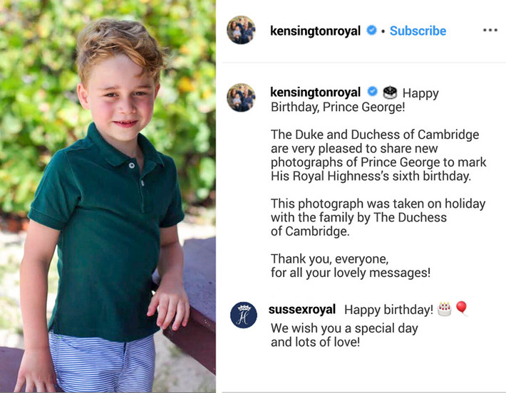 Hồi tháng 7/2019, vợ chồng Công nương Meghan Markle đã gửi lời chúc mừng sinh nhật cháu trai là tiểu Hoàng George trên Instagram. "Chúc mừng sinh nhật! Chúc con một ngày thật đặc biệt và tràn ngập tình yêu", lời chúc mừng sinh nhật của cặp đôi hoàng gia gửi cháu trai. Tuy nhiên, họ đã nhận nhiều lời chỉ trích. Ảnh: BS.