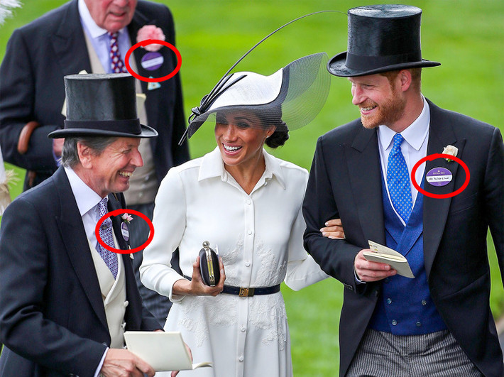 Lễ hội đua ngựa Royal Ascot ở Anh yêu cầu về trang phục rất nghiêm ngặt. Phụ nữ tham dự sự kiện này mặc váy che kín vai và dài qua đầu gối, đeo biển tên. Tuy nhiên, khi tới dự lễ hội này hồi năm 2018, Công nương Meghan Markle đã không đeo biển tên của cô mà cầm trong tay. Ảnh: BS.