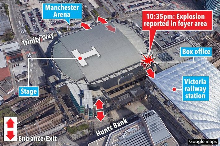 Trước đó, một vụ đánh bom liều chết đã xảy ra tại sân vận động Manchester Arena ở thành phố Manchester (Anh) vào đêm 22/5, khiến 22 người thiệt mạng và nhiều người khác bị thương. Ảnh: The Sun.