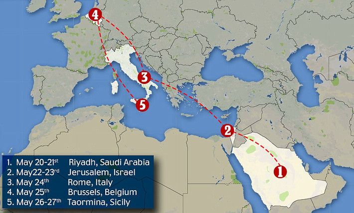 Cụ thể, Tổng thống Mỹ Donald Trump sẽ tới Ả-rập Xê-út, Israel, Vatican, tham dự hội nghị của NATO ở Brussels (Bỉ) và Hội nghị thượng đỉnh G7 tại Sicily (Italy). Ảnh: DM.