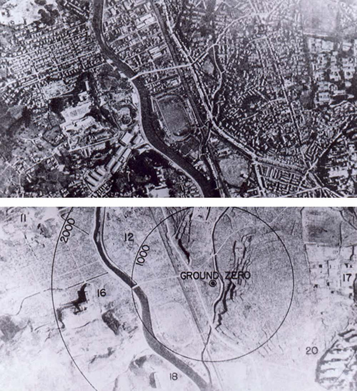 Ảnh chụp thành phố Nagasaki (Nhật Bản) trước và sau khi Mỹ thả quả bom "Fat Man" vào năm 1945. Thành phố này đã bị phá hủy nặng nề. Ảnh: The Richest.