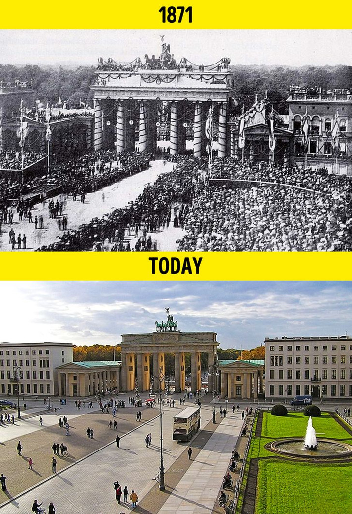 Bức ảnh ghép này chụp Cổng Brandenburg ở thủ đô Berlin, Đức, năm 1871 và hiện tại.
