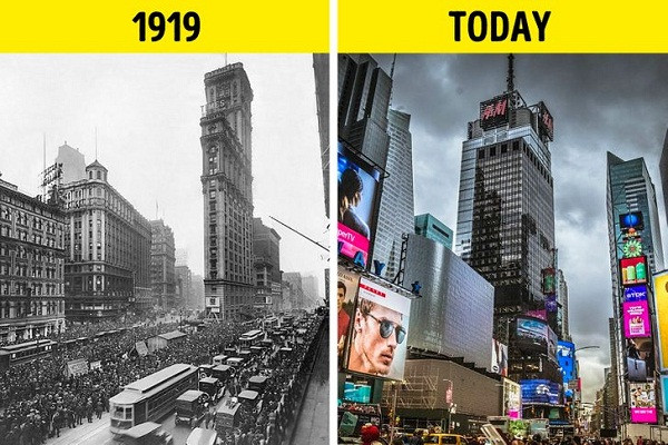 Quảng trường Thời đại ở New York (Mỹ) năm 1919 (ảnh trái) và hiện tại.