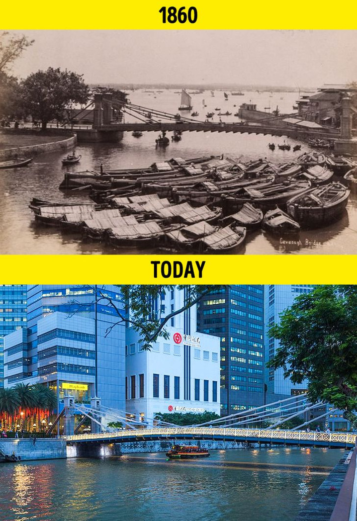 Cầu Cavenagh bắc qua sông Singapore năm 1860 (ảnh trên) và khung cảnh ở nơi này sau hơn 150 năm (ảnh dưới).