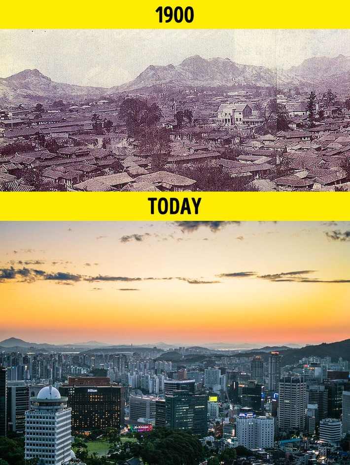 Diện mạo thủ đô Seoul, Hàn Quốc, năm 1900 (trên) và Seoul hiện đại với những tòa nhà cao tầng ngày nay (ảnh dưới).